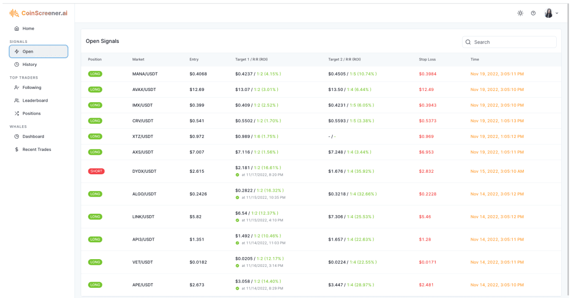 Signals interface in CoinScreener WebApp