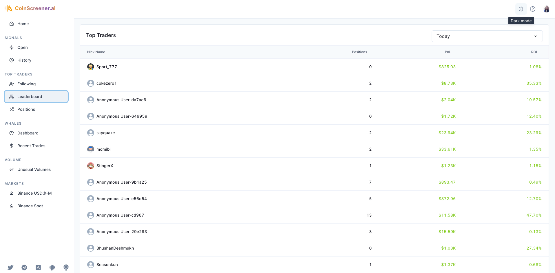 Screenshot of CoinScreener.ai