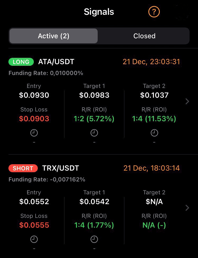 Signals interface in CoinScreener App