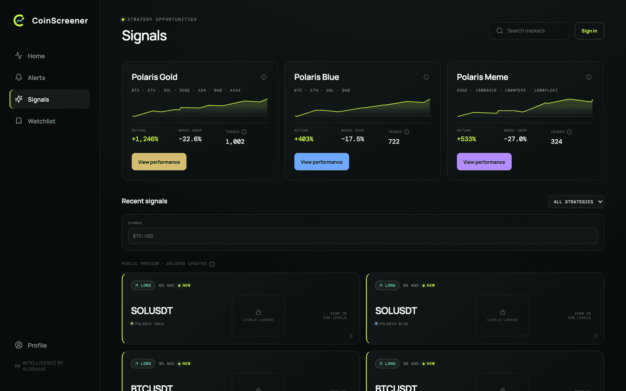 The CoinScreener Signals screen: Polaris Gold, Polaris Blue and Polaris Meme strategy cards above the recent signals feed