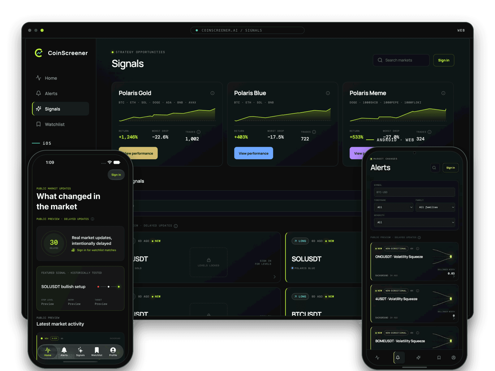 CoinScreener V3 on web, native iOS, and Android web: the Signals screen with the Polaris strategies, market activity, and Alerts